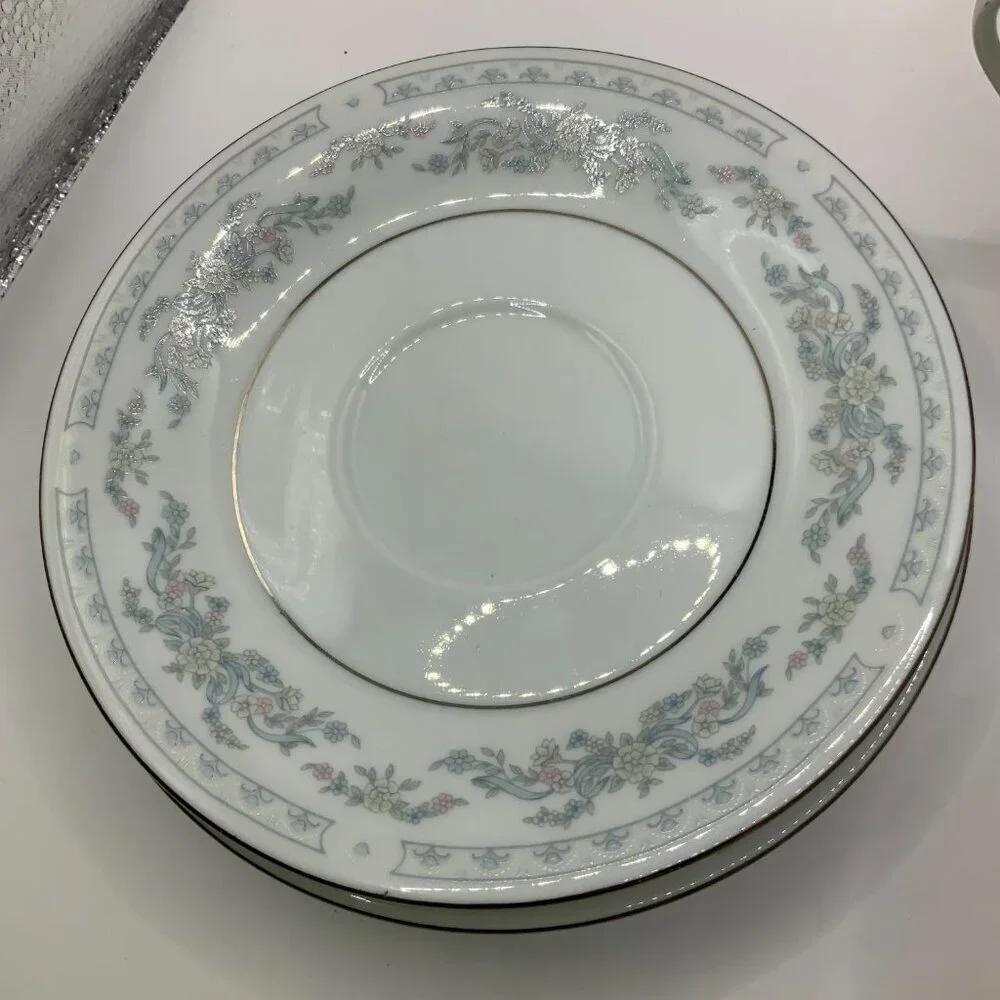Somerset  Blue, Pink & Green Flowers w/Blue Ribbon Silver Trimmed Cups & Saucers